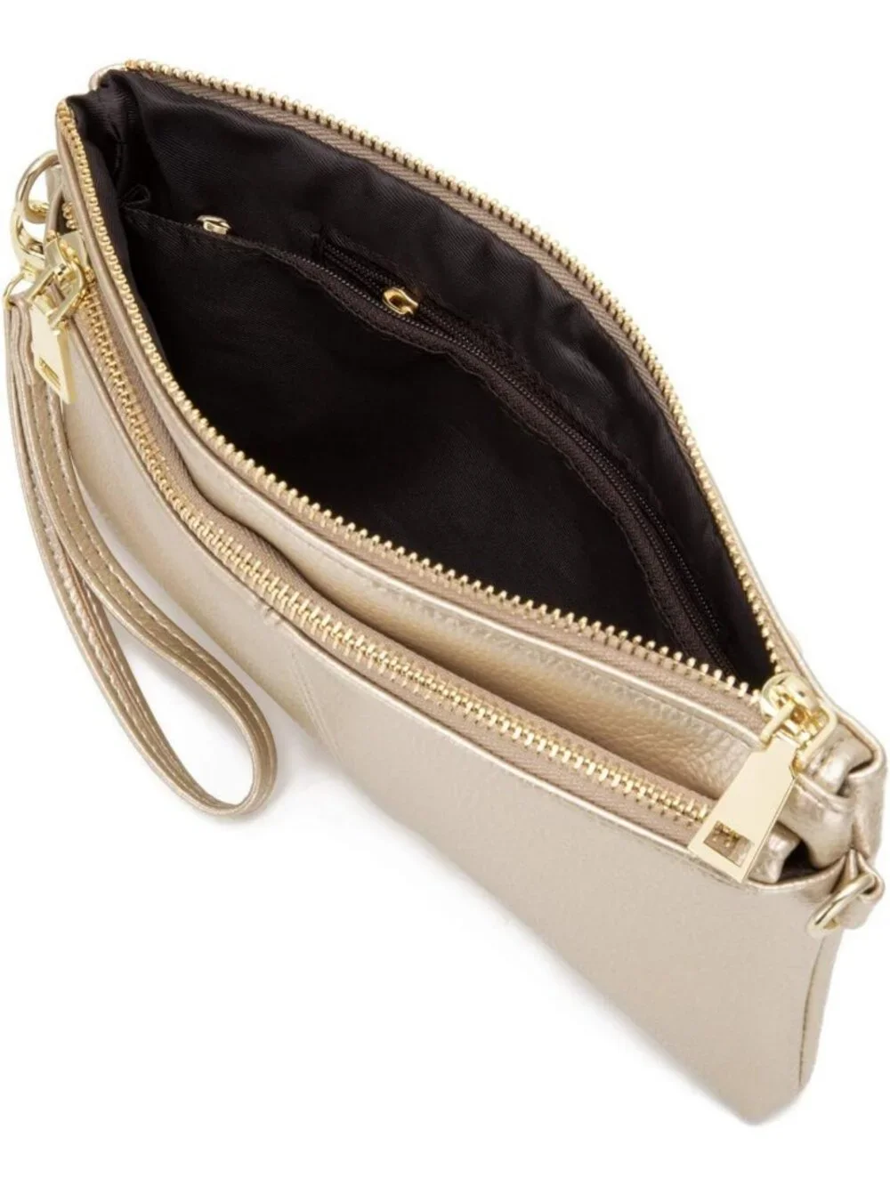 Lightweight Triple Zip Crossbody Bag | Vegan Leather Wristlet Clutch with